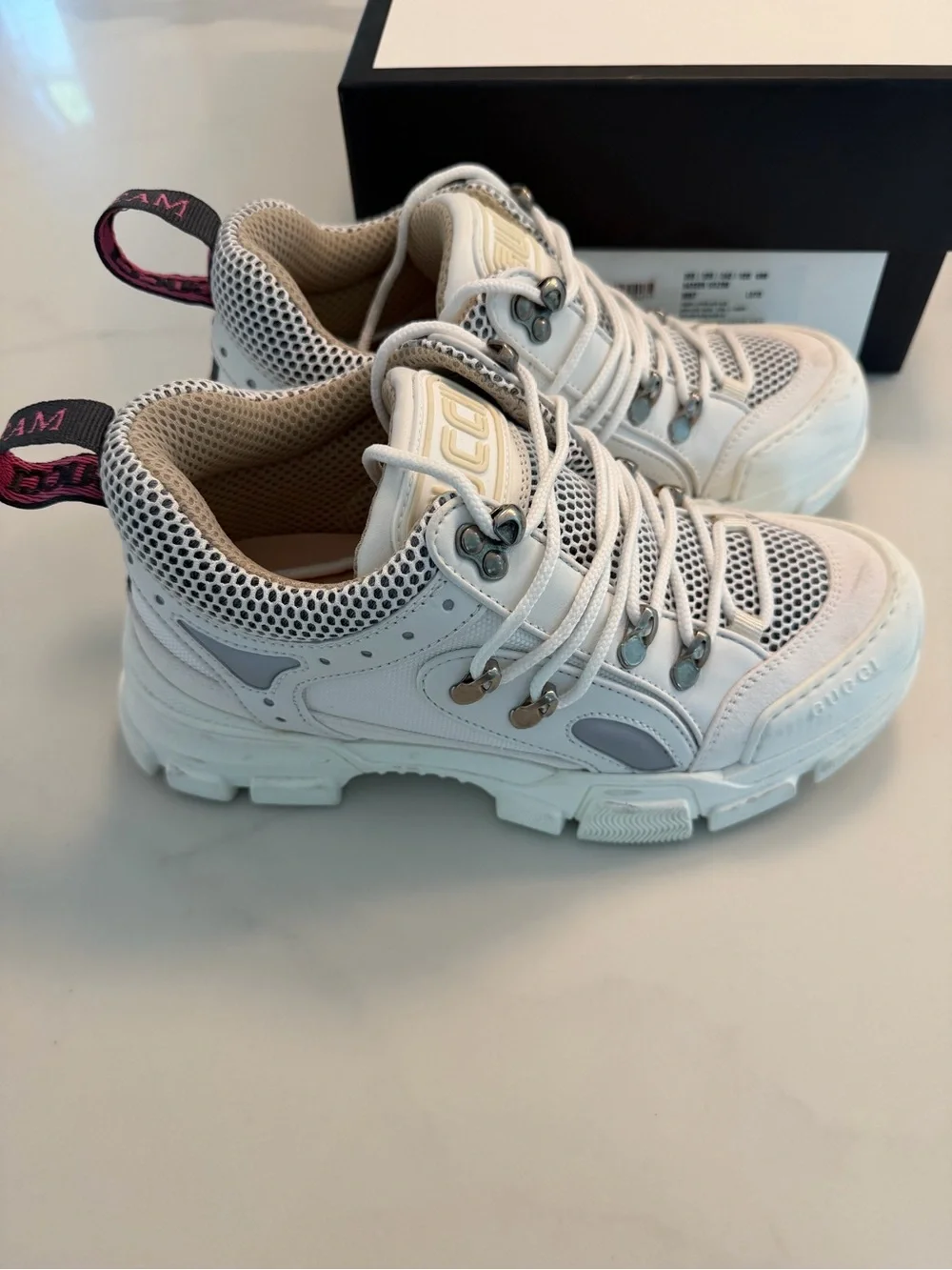 Gucci Flasktrek White and Cream Chunky Mesh Leather Sneakers Size 37 Unisex